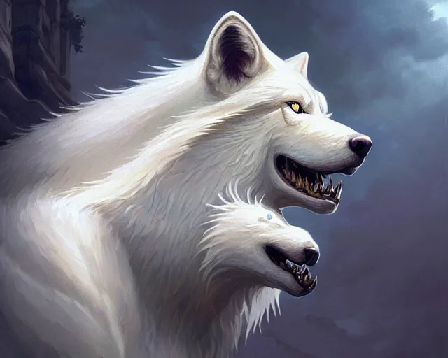 Image similar to albino wolf with blue eyes, deep focus, d & d, fantasy, intricate, elegant, highly detailed, digital painting, artstation, concept art, matte, sharp focus, illustration, hearthstone, art by artgerm and greg rutkowski and alphonse mucha