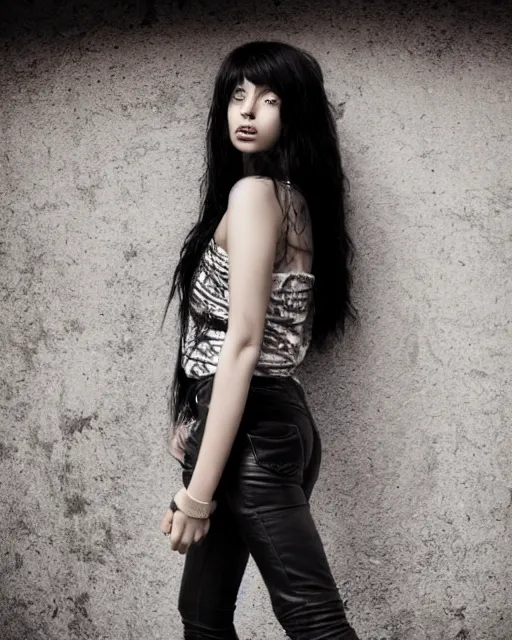 Image similar to a beautiful half body photo of a Young female with long disheveled black hair , paper white skin and reflective eyes, black tank top, black leather shiny jeans, an ankh necklace white colors in the background, 500px photos, top cinematic lighting , cinematic mood, very detailed, shot in canon 50mm f/1.2