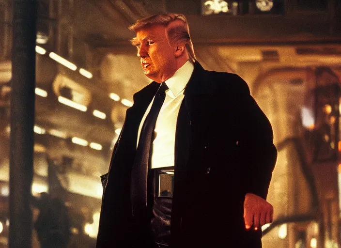 Image similar to film still donald trump wearing leather coat as a detective in blade runner, 8 k by alphonse mucha