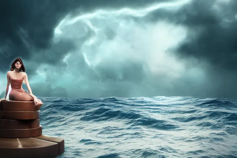 Image similar to A beautiful woman sitting on a giant open book in the middle of the ocean during a storm, dramatic lighting, cinematic, 8k HDR, highly detailed, high quality, octane render, unreal engine 5, path tracing, turbulent sea, concept art, trending on Artstation, dramatic scene