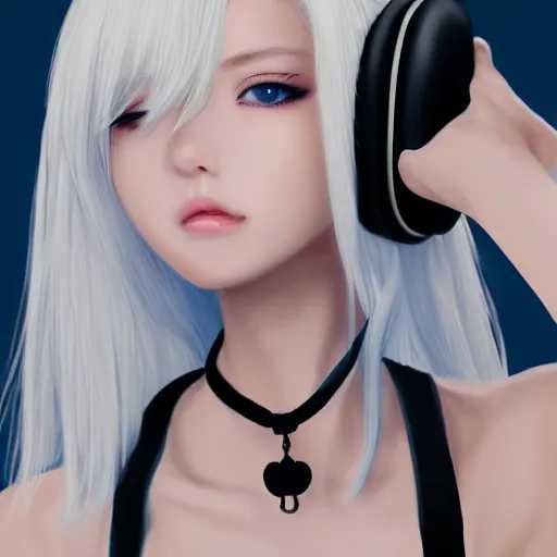 Image similar to realistic teasing detailed semirealism beautiful gorgeous cute Blackpink Lalisa Manoban white hair white cat ears blue eyes, wearing black camisole outfit, headphones, black leather choker full HD 4K high resolution quality WLOP, Aztodio, Taejune Kim, Guweiz, Pixiv, Instagram, Artstation