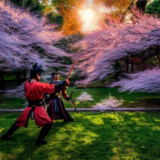 Prompt: samurai duel, both samurai have katana drawn, in a fighting pose, sunset in the background, cherry trees blossoming and Japanese maple trees, autumn, high quality, 4k