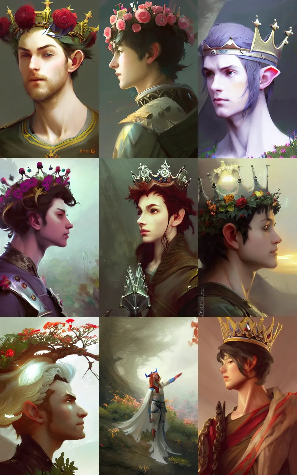 Prompt: concept art, elf prince raising a crown of flowers above his head, style digital painting, concept art, smooth, sharp focus, illustration, from metal gear, by ruan jia and mandy jurgens and william - adolphe bouguereau, artgerm