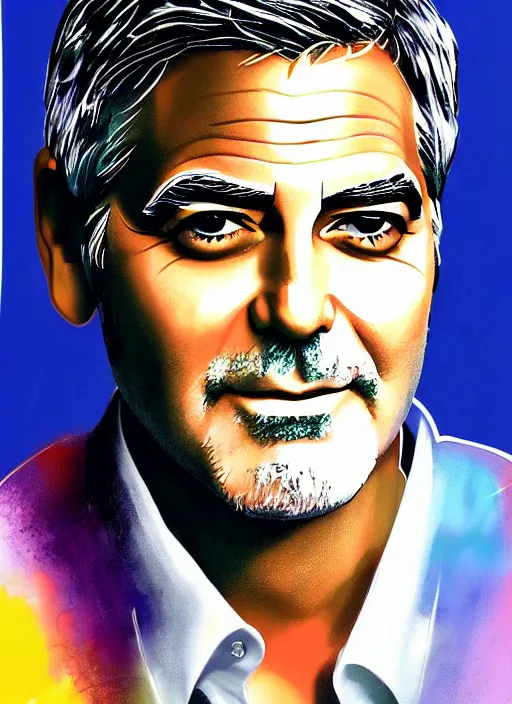 Prompt: a portrait of george clooney by josh kirby, lisa frank and andy warhol, intricate, elegant, highly detailed, digital painting, artstation, concept art, matte, sharp focus, illustration