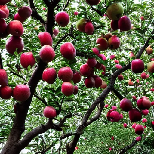 Prompt: apples growing on trees