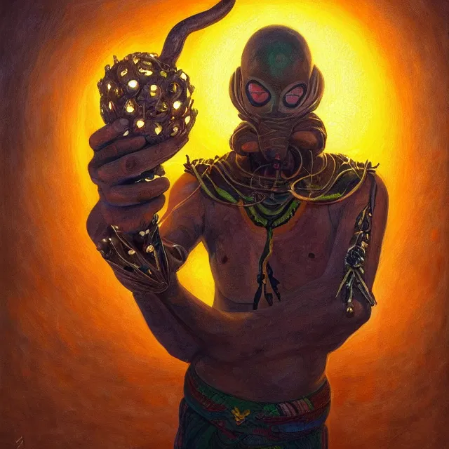 Prompt: portrait of scorpion holding a yerba mate gourd with metal straw by mandy jurgens, cartoon, oil painting, visionary art, symmetric, magic symbols, holy halo, dramatic ambient lighting, high detail, vibrant colors