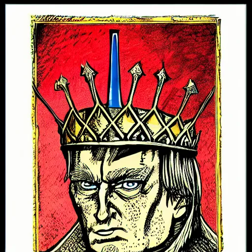 Prompt: knights armor, donald trump, crown, donald trump's face, detailed face, posing like a knight, vibrant colors, medieval, comic book, by hans thoma