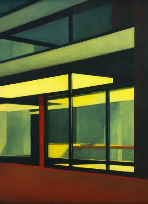 Image similar to a mies van der rohe building painting by edward hopper dramatic light