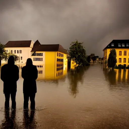 Image similar to the silhouette of 4 people standing in front of a small german town that's being flooded, stormy weather, moody lighting, medium full shot