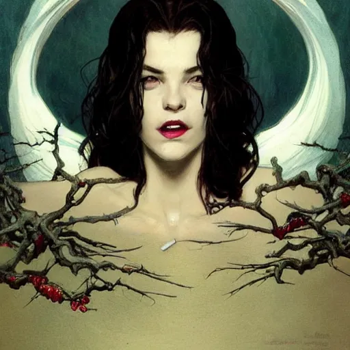 Image similar to portrait of a menacing beautiful vampire, head only, headshot, detailed and clear eyes and mouth, black hair by Stanley Artgerm Lau , greg rutkowski, thomas kindkade, alphonse mucha, loish, norman rockwell, J. C. Leyendecker. hair waving in the wind, pale skin, sinister complexion, thorn crown, image bordered by thorns, thorn background. D&D, fantasy. Trending on artstation rule of thirds extremely detailed illustration hd 4k