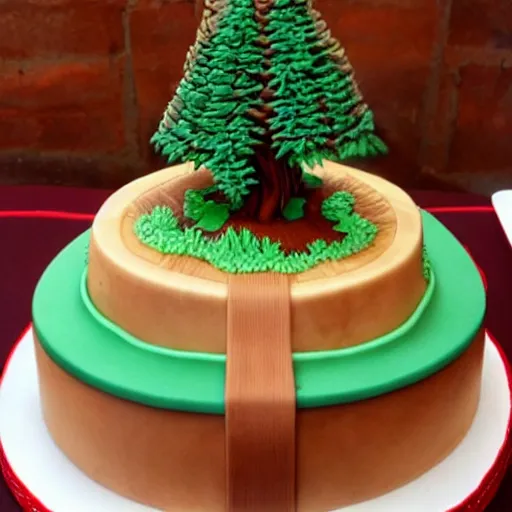 Image similar to Birthday cake with Cedar tree in background, detailed, exciting