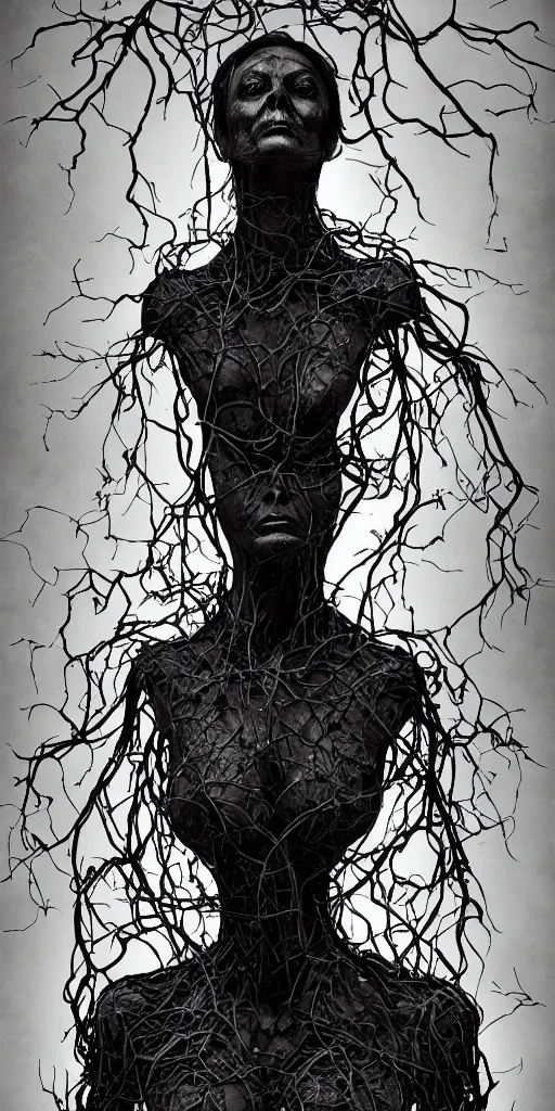Prompt: portrait, a sorceress, vines and veins around body, ravens stormy sky of foreboding, occult, robotic bust, body ribs meshes,, volumetric light, vespertine, honeysuckle, rim light, by chris mars, and diane arbus, gothic, gothique, 8 k