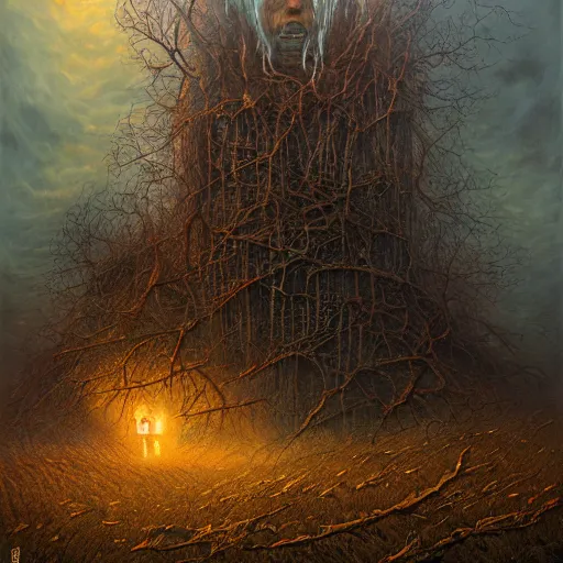 Prompt: scorched horror land by Dariusz Zawadzki, Tomasz Alen Kopera, Andrew Ferez, Remedios Varo, Mariusz Lewandowski, Zdzisław Beksiński, dramatic lighting