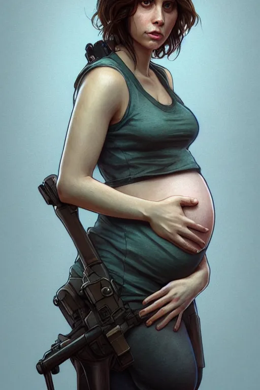 Prompt: pregnant jyn erso in a tank top, realistic portrait, symmetrical, highly detailed, digital painting, artstation, concept art, smooth, sharp focus, illustration, cinematic lighting, art by artgerm and greg rutkowski and alphonse mucha