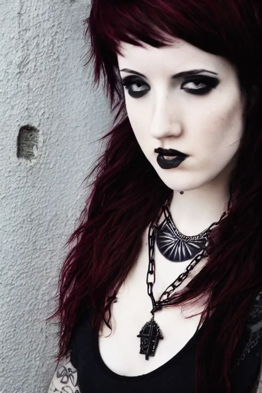 Medium close-up portrait photo of a cute Goth girl