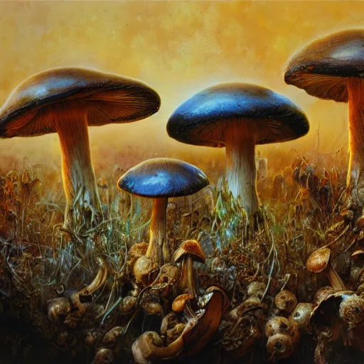 Prompt: fantastic mushrooms, by bruce pennington, carne griffiths, donato giancola, high light, high detailed, 4 k resolution w 1 0 2 4