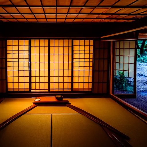 Prompt: photographed by Frans Lanting of the inside of a dimly lit cozy dark wooden Japanese house with a indoor koi pond at night raining, bonsai trees, fireflies, wild flowers, raining, night