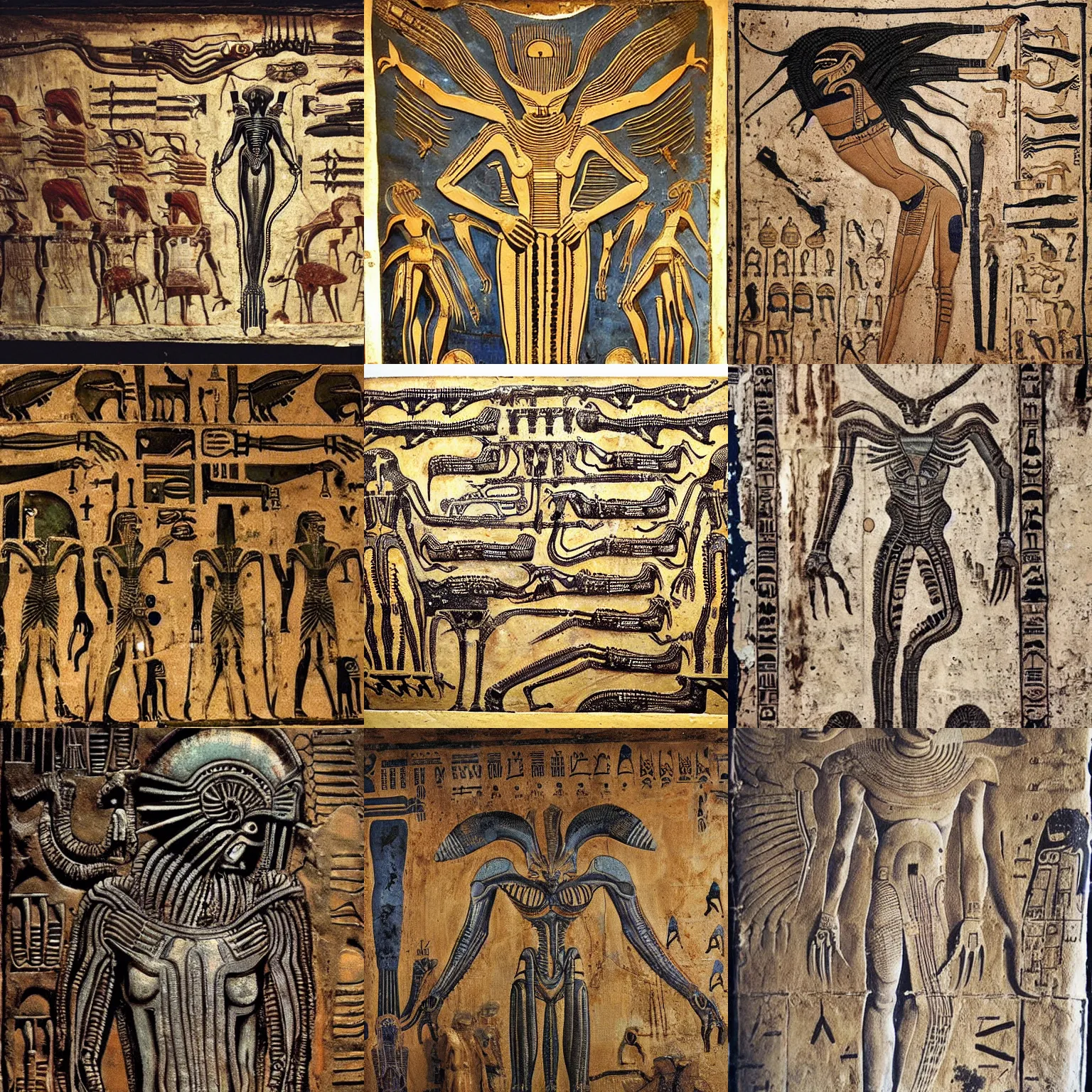 Prompt: [ xenomorph ] [ giger ] [ alien ] from movie aliens painted on highly intricate ancient egyptian mural art, with many hieroglyphs