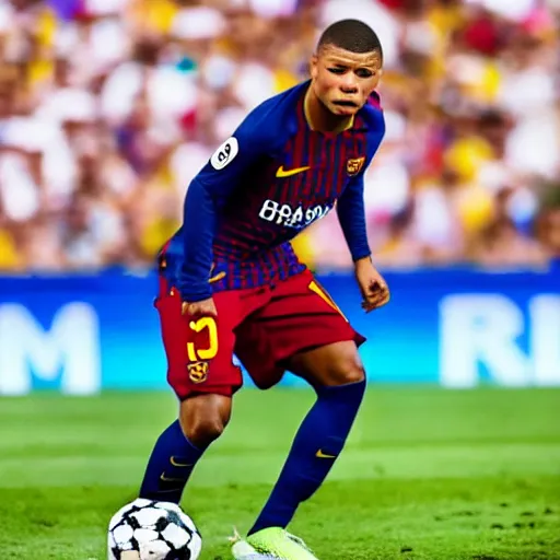 Image similar to Kylian Mbappé playing for FC Barcelona very detailed cinematic hyperrealistic 4k