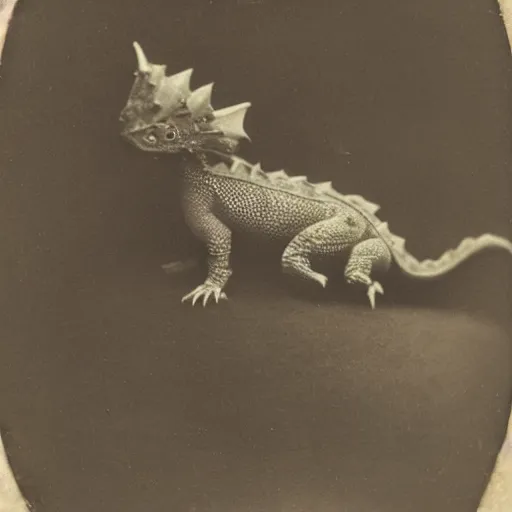 Image similar to victorian photograph of a baby dragon, highly realistic, scaly, grainy photo, blurry, creature, faded, 1 9 0 0, 1 8 8 0 s