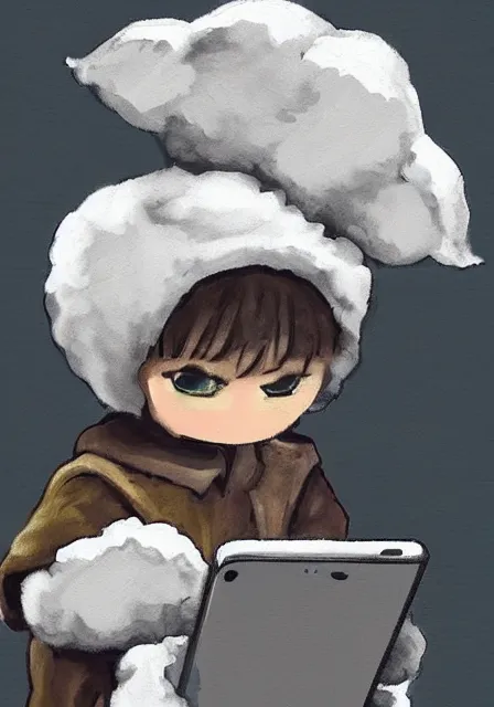 Image similar to little boy wearing sheep suit using a smartphone, gray, blue, green and brown pallet color. made in abyss art style, inspired in kris from deltarrune, cute detailed artwork, anatomically correct