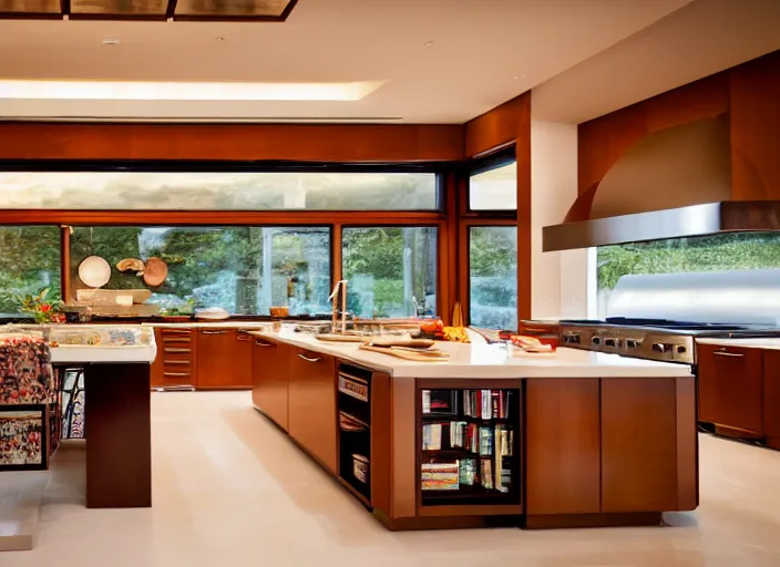 Image similar to a high end luxury kitchen designed by frank lloyd wright, interior design magazine photography