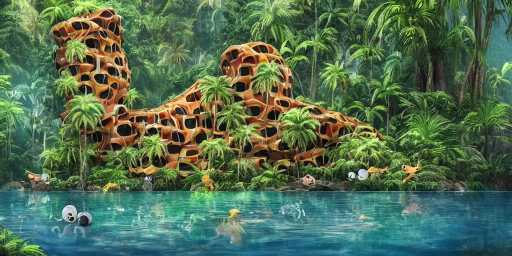 Prompt: of a tropical rainforest lake with strange cute friendly happy creatures with huge eyes, mouth, long tongue, round teeth and goofy face, appearing from the water, in the style of gehry and gaudi, macro lens, shallow depth of field, ultra detailed, digital painting, trending artstation, concept art, illustration, cinematic lighting, photorealism, epic, octane render