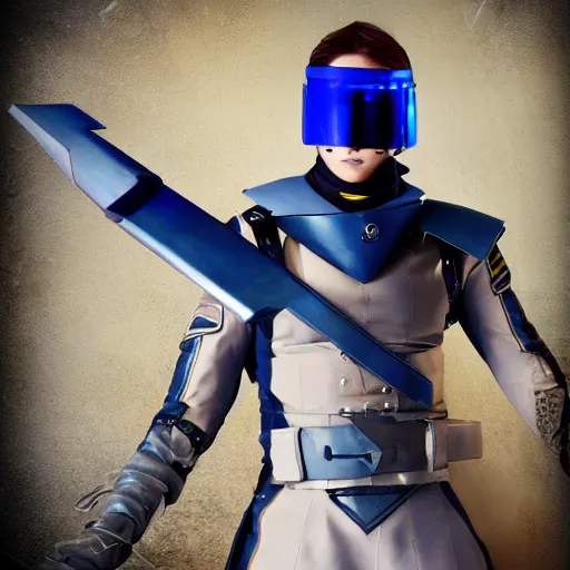 Image similar to a futuristic soldier captain with a metal visor and a blue shoulderpad in anime style