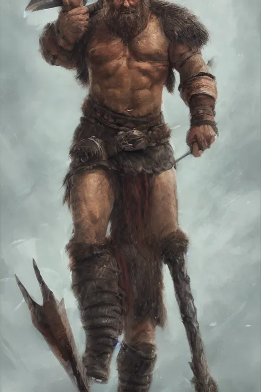 Image similar to a full body fantasy portrait oil painting illustration of a single rugged stoic barbarian man by Justin Sweet with face and body clearly visible, d&d, rpg, forgotten realms, artstation trending, high quality, sombre mood, artstation trending, muted colours, no crop, entire character,