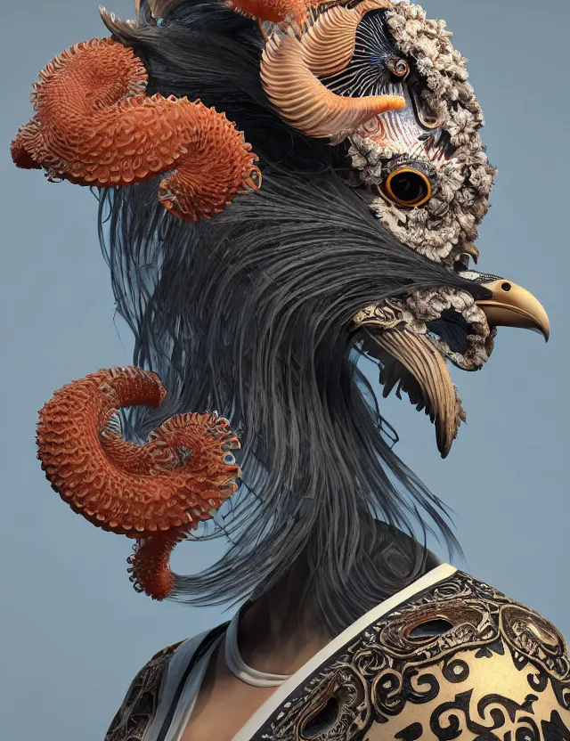 Image similar to 3 d hard surface modelling goddess close - up profile portrait with ram skull. beautiful intricately detailed japanese crow kitsune mask and clasical japanese kimono. betta fish, jellyfish phoenix, bio luminescent, plasma, ice, water, wind, creature, artwork by tooth wu and wlop and beeple and greg rutkowski