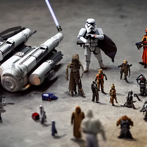 Image similar to a detailed photo of a diorama with star wars toys, macro photography, zoom