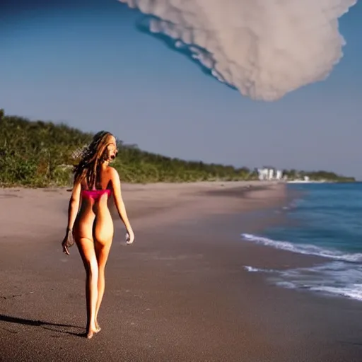 Image similar to beautiful bikini clad woman walking alone on a beach with a nuclear explosion in the background, rule of thirds
