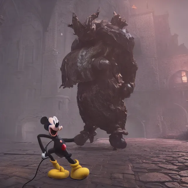 Image similar to mickey mouse reimagined as a monster boss in dark souls, dark cinematic, volumetric, realistic, cinematic lighting, ray tracing, unreal engine 5, unreal engine render, octane render, hyper realistic, photo, 8 k