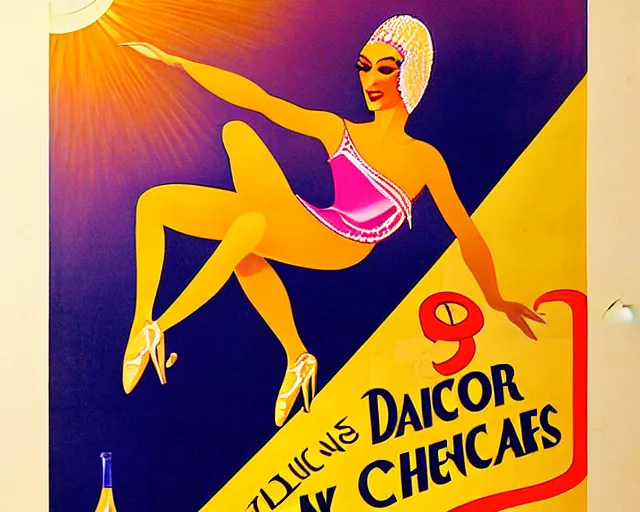 Image similar to art deco poster, dancer, cher, melchizedek champagne bottle. cheerful, bright