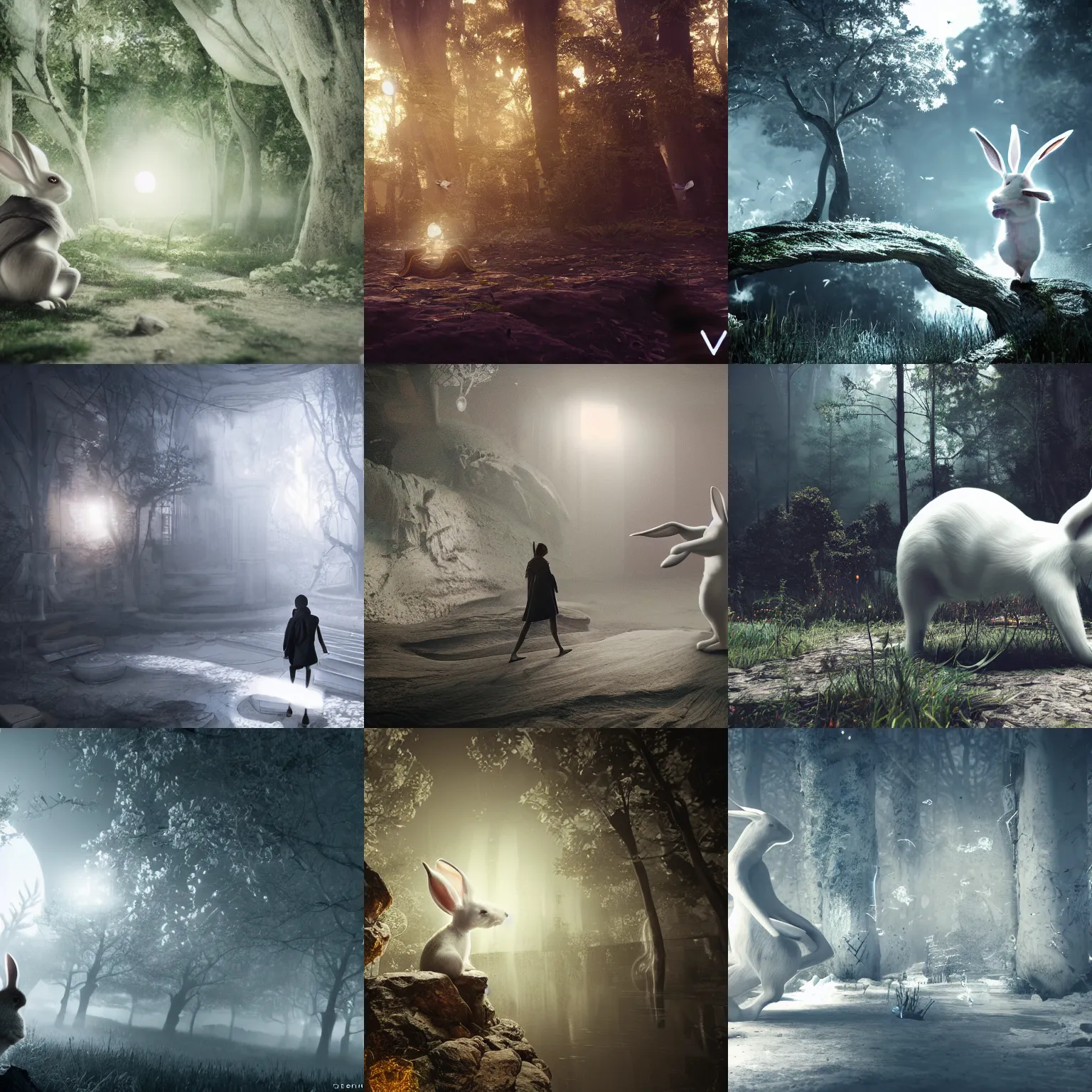 Prompt: white rabbit creating infinite art in non euklidian space, cgi rendering, with cryengine