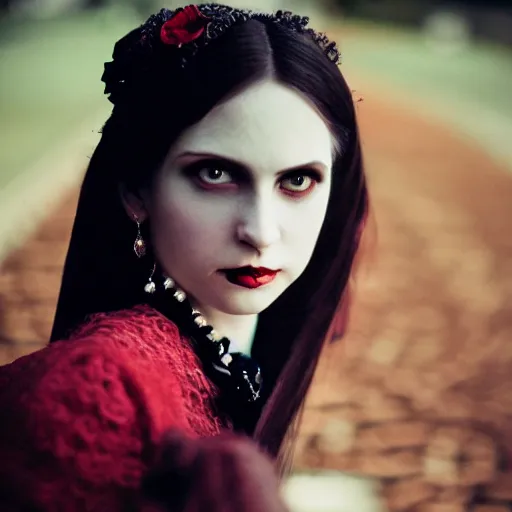 Image similar to A beautiful portrait of a lady vampire, victorian, photography, 35mm, depth of field, bokeh, soft light, cinematic, steve mccurry