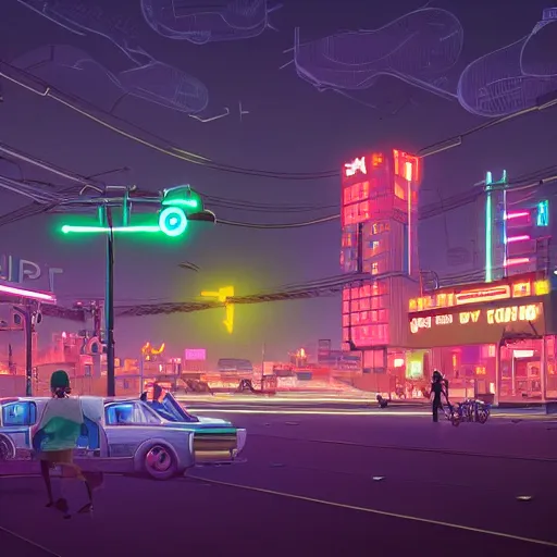 Prompt: hdri map of city, building, cars, neon lights, night time, park, people, happy town, by Goro Fujita and Simon Stalenhag , 8k, trending on artstation, hyper detailed, cinematic