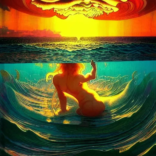 Image similar to ocean wave around giant psychedelic mushroom, lsd water, dmt ripples, backlit, sunset, refracted lighting, art by collier, albert aublet, krenz cushart, artem demura, alphonse mucha