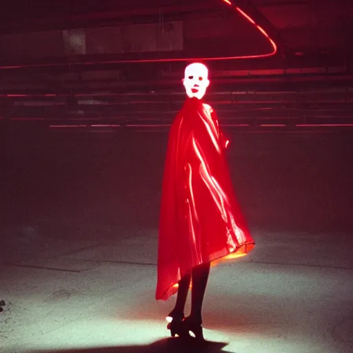 Image similar to cinematic portrait of a runaway bride of frankenstein replicant with bright make up and a red translucent plastic raincoat in an empty room, still from the movie bladerunner, fashion photography, a neon sign is in the background