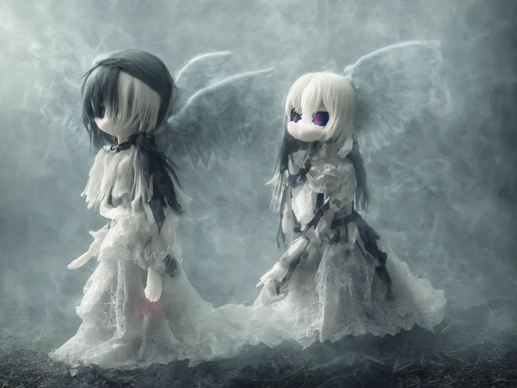 Prompt: cute fumo plush girl ghost in the haze of the murky river, smoke and volumetric fog, tattered gothic horror maiden, fallen angel, blue lens flare, light shafts, light and shadow, vray