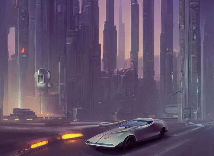 Image similar to a car driving down a street next to tall buildings the night at 1 pm, cyberpunk art by Chesley Bonestell, cgsociety, retrofuturism, matte painting, reimagined by industrial light and magic