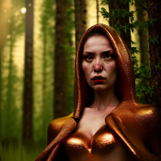 Image similar to highly detailed, ultra realistic, cinematic, woman full body with a copper nose and copper claws, high detail, 8 k, sharp focus, movie still, dramatic lighting, ray tracing, smooth, a female evil demonic character of kazakh mythology, jeztyrnak, standing in the night forrest