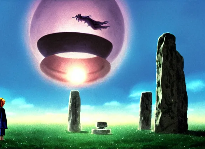 Image similar to a realistic cell - shaded studio ghibli concept art from paprika ( 2 0 0 6 ) of a floating alien from close encounters of the third kind ( 1 9 7 7 ) and a grey witch meditating on top of a pillar in a flooded stonehenge on a misty starry night. very dull colors, hd, 4 k, hq