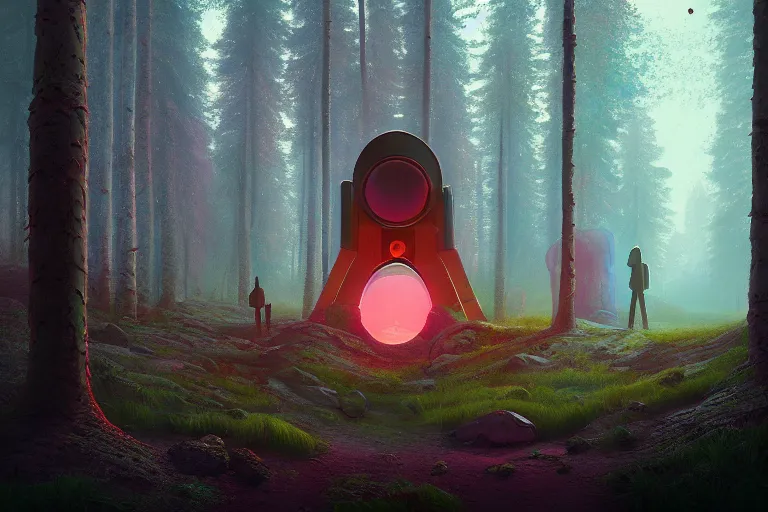 Image similar to A portal to another planet found in a forest just outside a Norwegian city in Norway, very detailed digital art, pretty colors, muted colors, in the style of Simon Stalenhag and Wes Anderson, beautiful colors, very high resolution, trending on Artstation