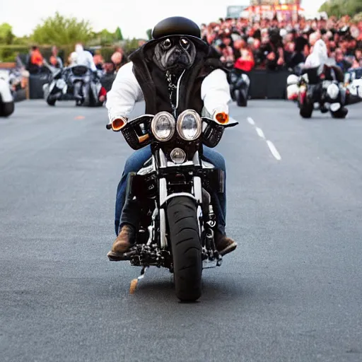 Prompt: a French bulldog with aviator glasses riding a Harley Davidson, doing a burnout