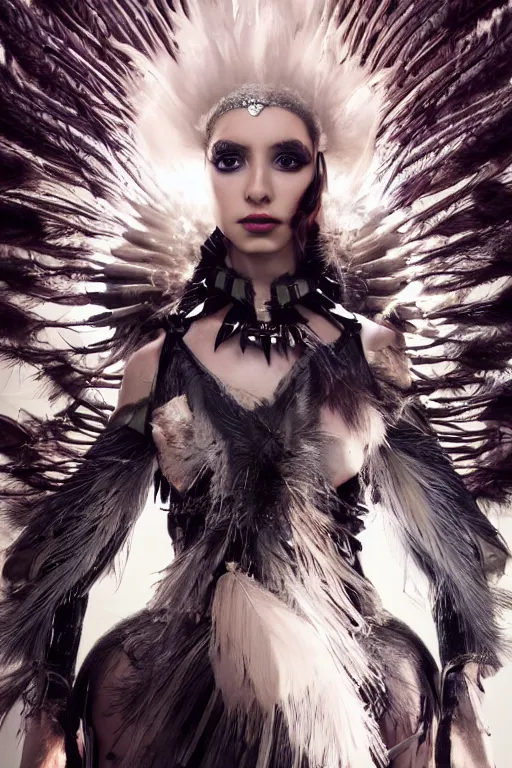 Image similar to a close up matte portrait of an attractive stern fierce 25yo female goddess of nuclear explosions wearing a divine costume with a modular grand headpiece. matte painting portrait by Alessio Albi, Ross Tran, and WLOP, her outfit is made of leather and feathers and was designed by Yoshitaka Amano in the style of an explosion. headshot. trending on artstation, quirky composition, volumetric light, in the style of a 1970s sci fi book cover