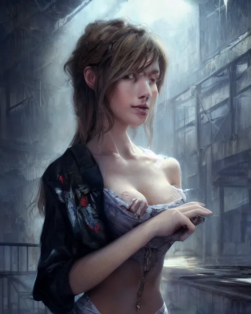 Image similar to daniel gerhartz and artgerm detailed portrait digital rococo painting of a beautiful woman wearing streetwear clothing, abandoned warehouse interior in the background, unreal engine, hyper realism, realistic shading, cinematic composition, blender render, octane render, hdr, detailed textures, photorealistic, ultrawide shot, 3 5 mm film