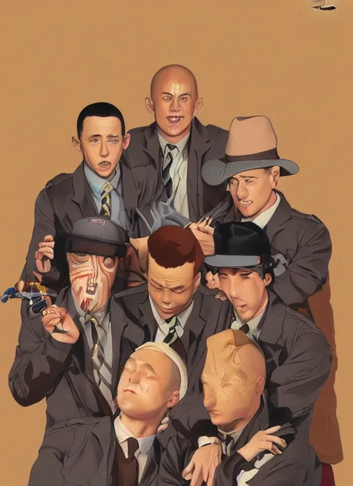 Prompt: artwork by Michael Whelan, Bob Larkin and Tomer Hanuka, of portrait of Justin Beber, Eminem, Channing Tatum and Joseph Gordon-Levitt in a barbershop quartet, from scene from Twin Peaks, simple illustration, domestic, nostalgic, from scene from Twin Peaks, clean, full of details, by Makoto Shinkai and thomas kinkade, Matte painting, trending on artstation and unreal engine