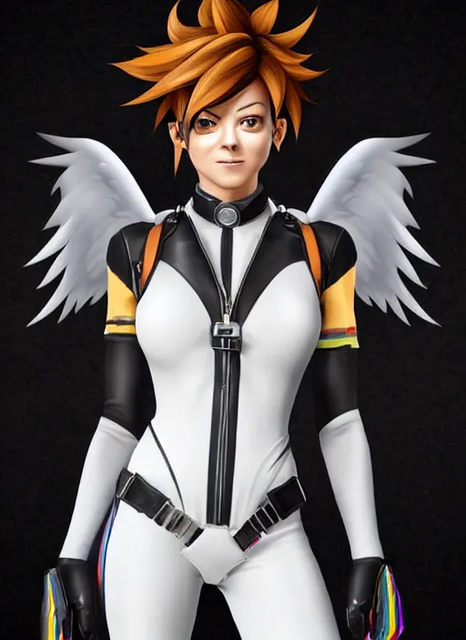 Image similar to portrait bust digital artwork of tracer overwatch, wearing white iridescent rainbow latex and leather straps catsuit outfit, 4 k, expressive happy smug expression, makeup, in style of mark arian, angel wings, wearing detailed black leather collar, chains, black leather harness, detailed face and eyes,