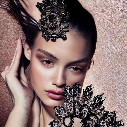 Prompt: close up of face of a fashion model in luxury dress, black background, official valentino editorial, highly detailed